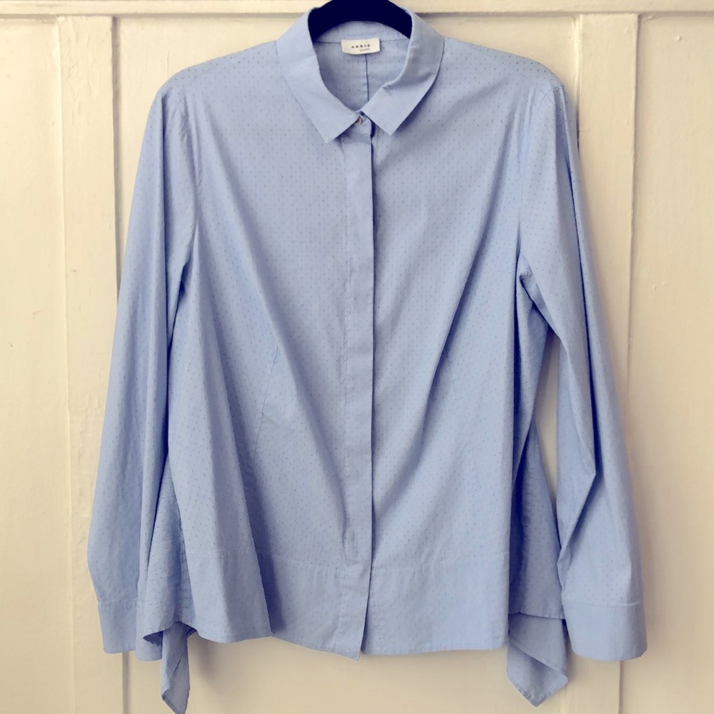 Akris Punto Asymmetrical Hem Hidden Button Down Collared Periwinkle Blouse 14